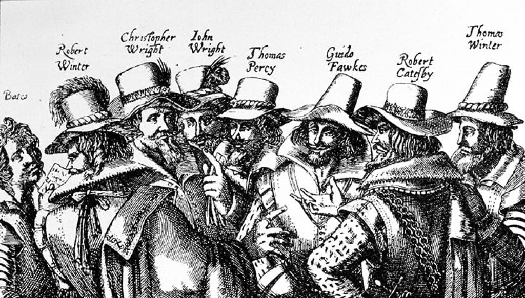 The Gunpowder Plotters. An engraving of eight plotters - Bates, Robert Winter, Christopher Wright, John Wright, Thomas Percy,